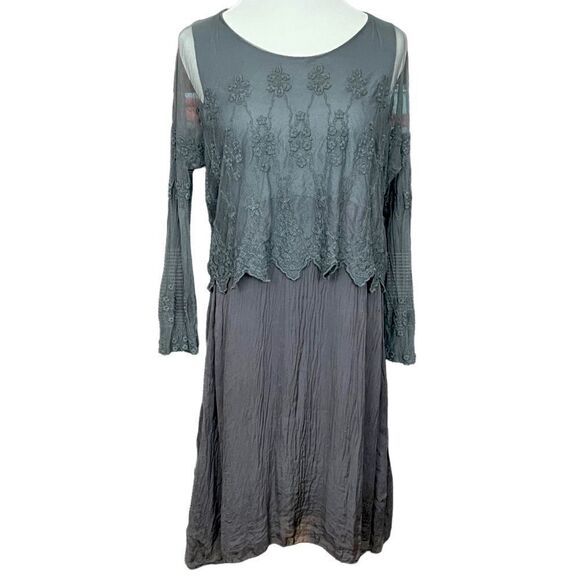 Carla Conti Gray Silk Dress Sheer Lace Overlay S - Picture 1 of 6